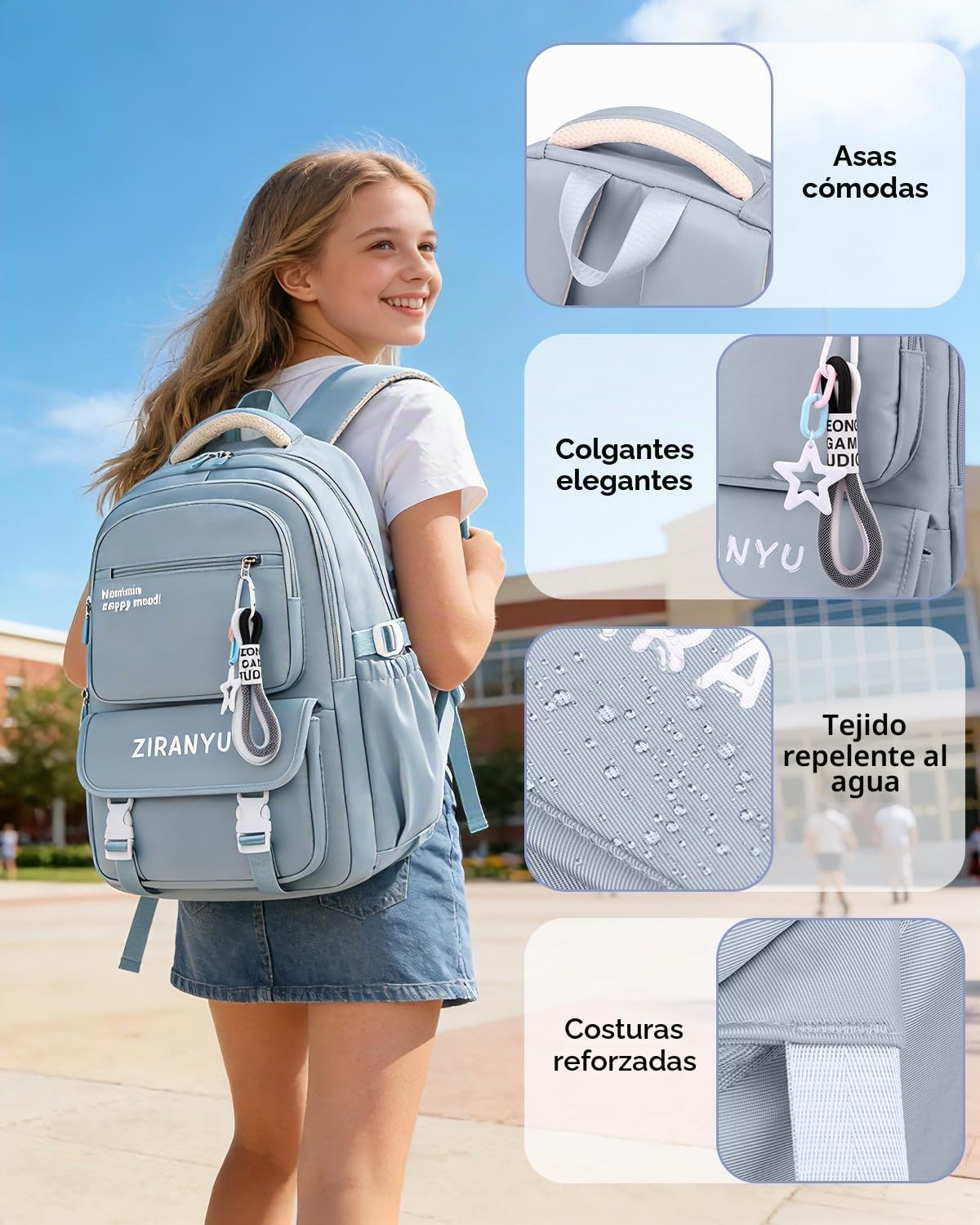 Amythe Mochila Escolar Niña - Mochila Colegio Niña para Instituto y Secundaria Ligera, Mochilas Adolescentes Chicas con Bolsillo Portátil 15,6" para Viaje - Apta para Carro, Azul