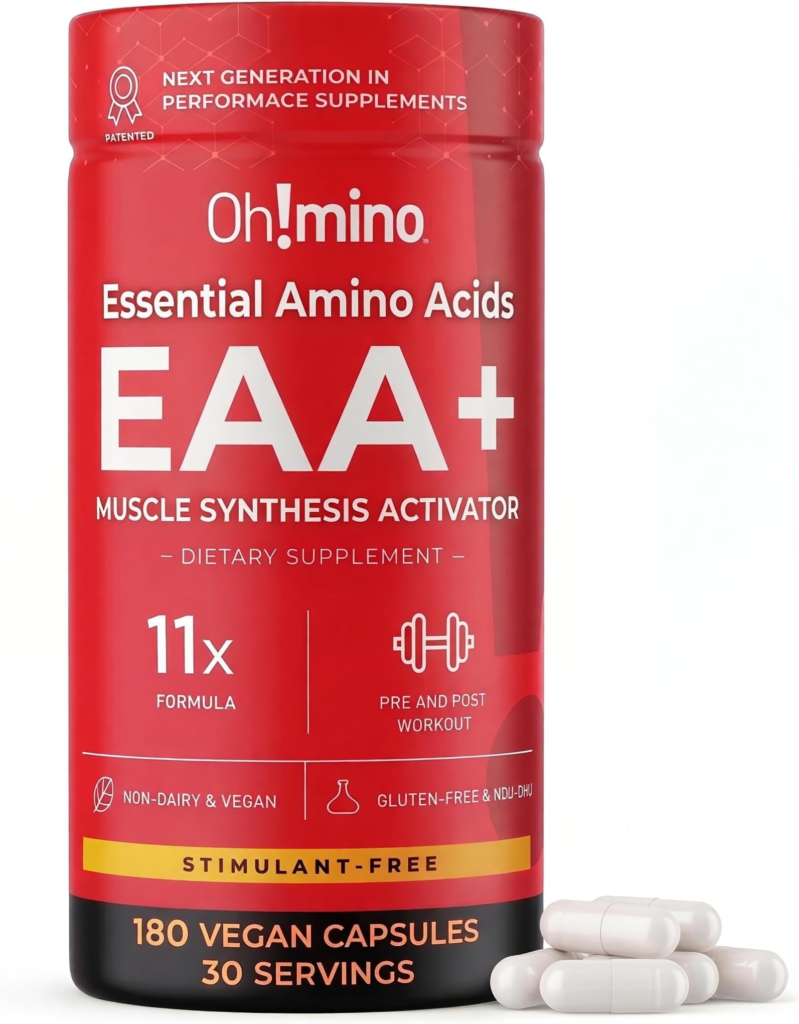 Ohmino BCAAs + EAAs - All 9 Essential Amino Acids for Muscle Growth & Recovery - Pre, Intra, & Post Workout Powder - Caffeinated, Zero Sugar, Zero Carbs & Non-GMO- 180 Vegan Capsules