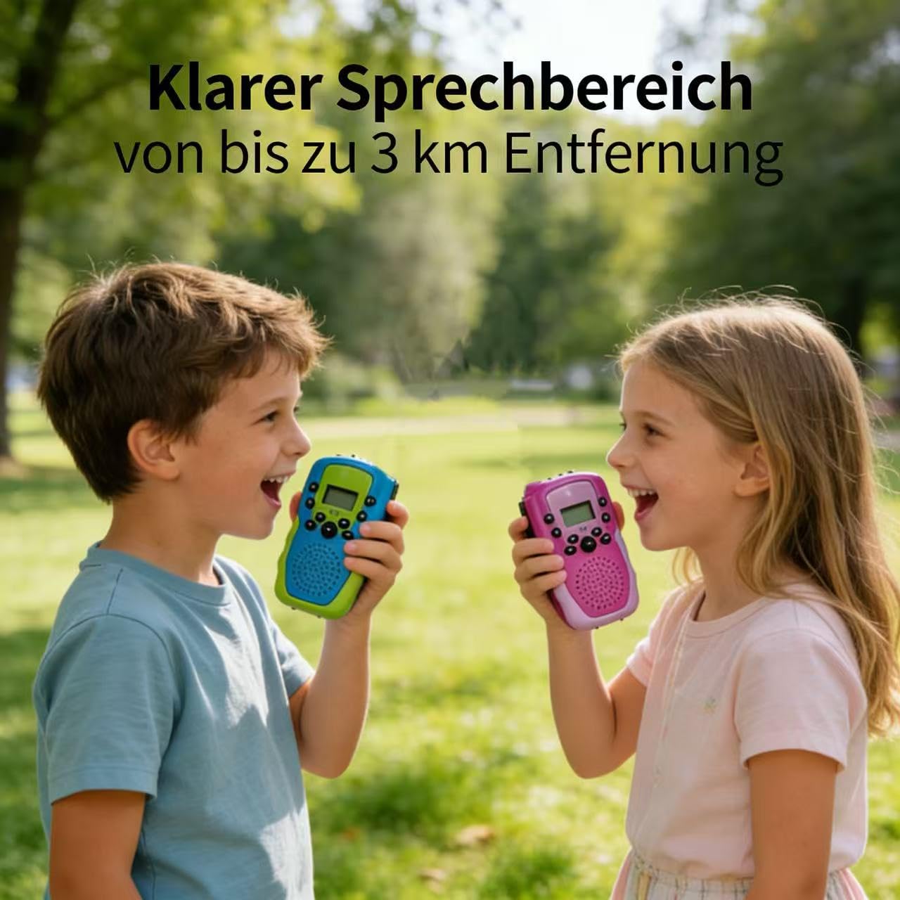 Kinder Walkie Talkies 2er, geeignet für Jungen und Mädchen, Reichweite 3 km, VOX und LED-Taschenlampe, Outdoor-Camping-Abenteuer-Spielzeug, Blau-Grün & Pink-Rot
