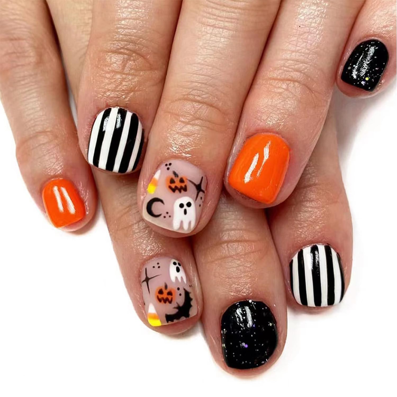 24 Pcs Halloween Press on Nails Short Square Halloween Fake Nails Glossy Full Cover Glue on Nails with Ghost Bat Pumpkin Design Orange Black Acrylic