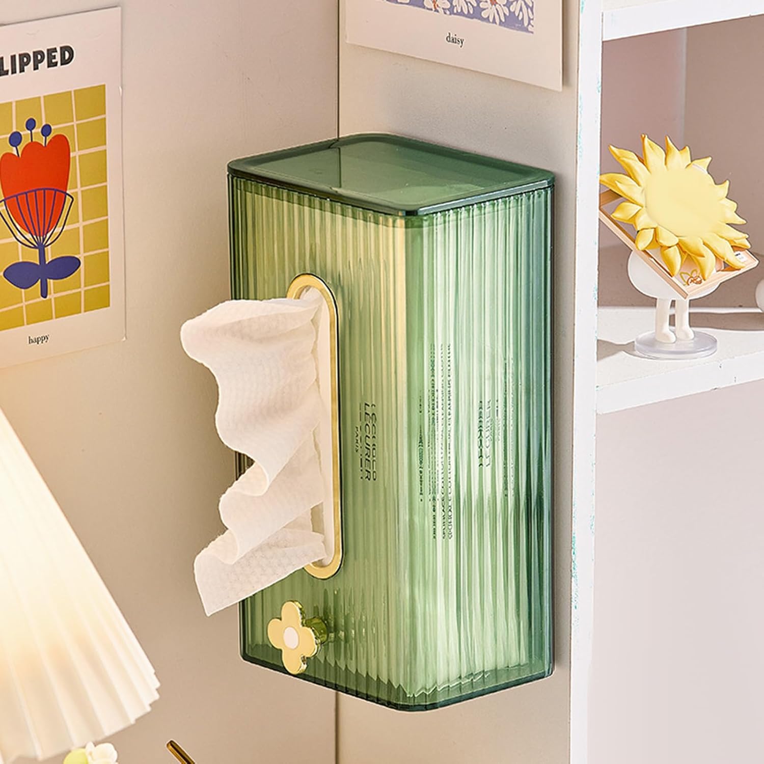 Tissue Box Holder Wall Mounted, Damage-Free Adhesive, Clear Tissue Box Holder for Bathroom, Kitchen, and Living Room, Plastic Decorative Tissue Box Home Decor Translucent Green