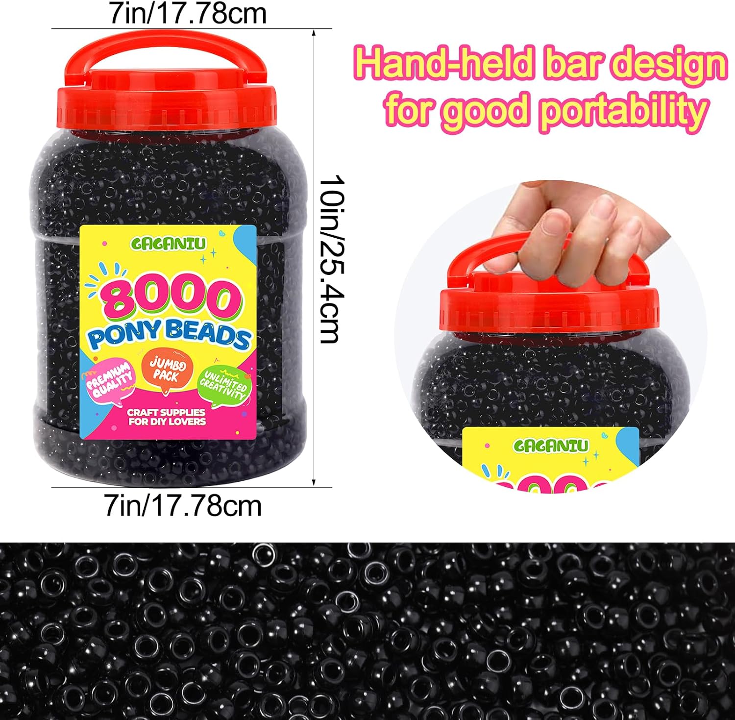 8000+ pcs Pony Beads Bulk for Bracelet Black Beads Making for Hair Braiding DIY Crafts Kandi Jewelry Key Chains and Ornaments Decorations Boxed
