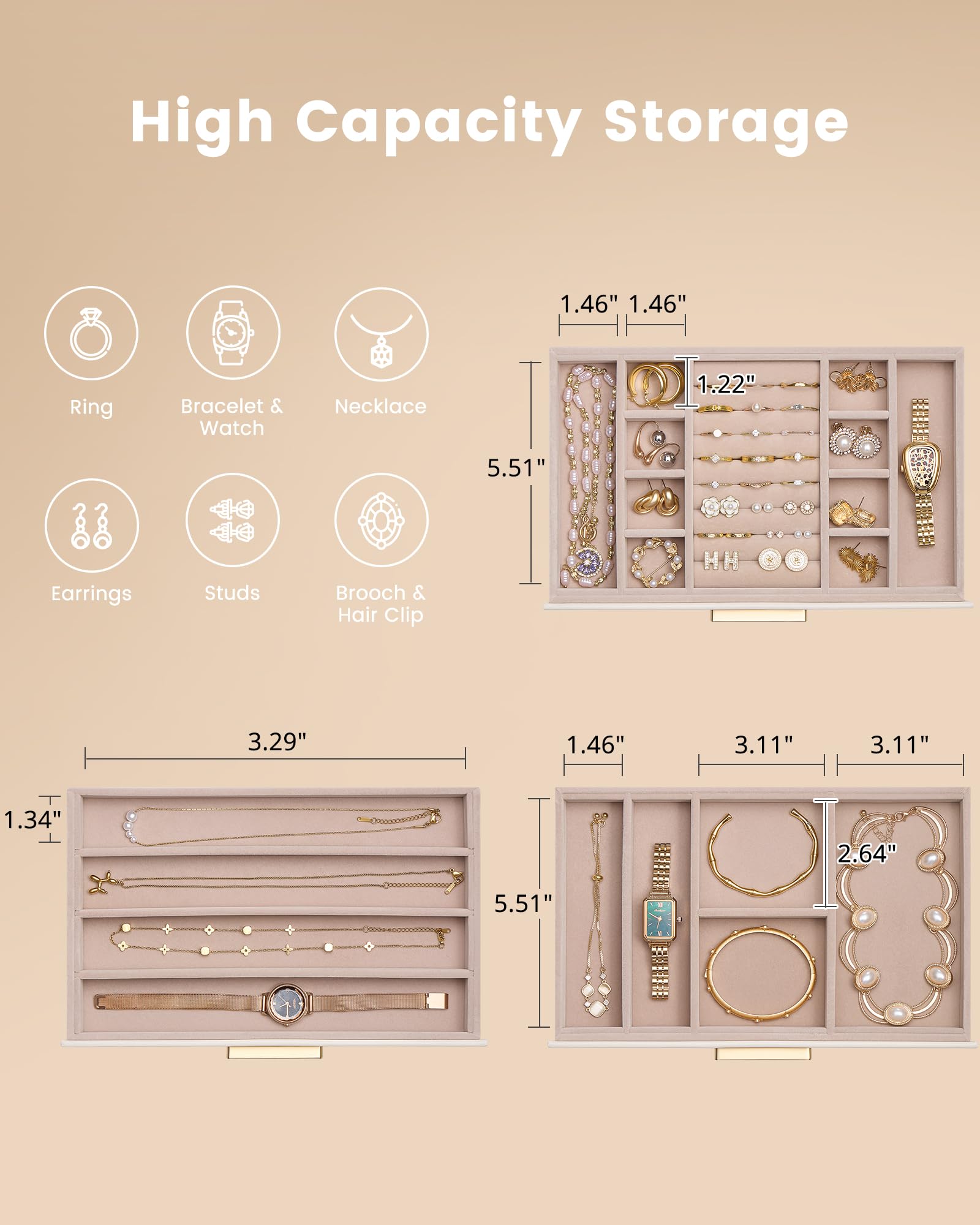 Lolalet Jewelry Box Organizer, 3-Layer Jewelry Organizers and Storage Case with Glass Lid, Ring Earring Bracelet Necklace Holder Organizer, Birthday Christmas Gifts for Women Girls -3Layer, Beige