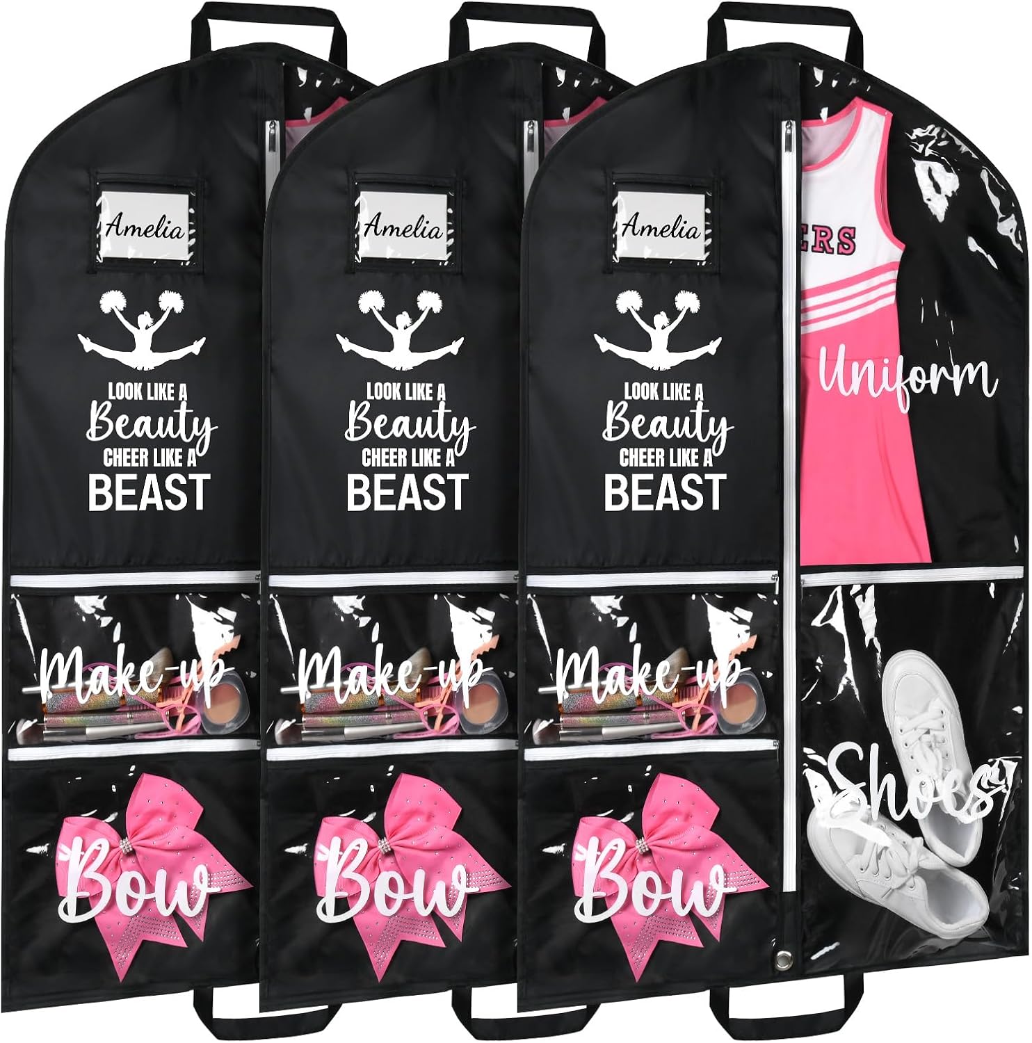 DEEKA 3 Pack Cheer Garment Bag for Hanging Clothes with Zipper Pockets Cheer Accessories Mom Essentials Uniform Costume 40 Inch Black Bags Stuff for Cheerleading Girls (Black,White-Cheer Quote)