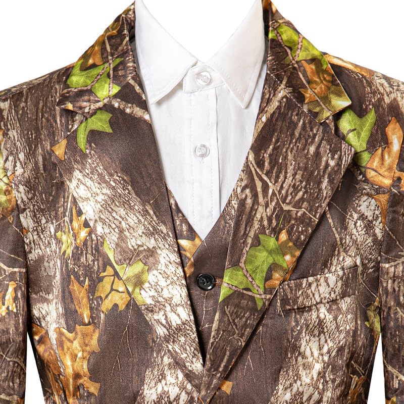 Boys'Brown Camouflage Suit 3 Piece Set with 2 Button Design Flap Pockets Camo Print for Outdoor