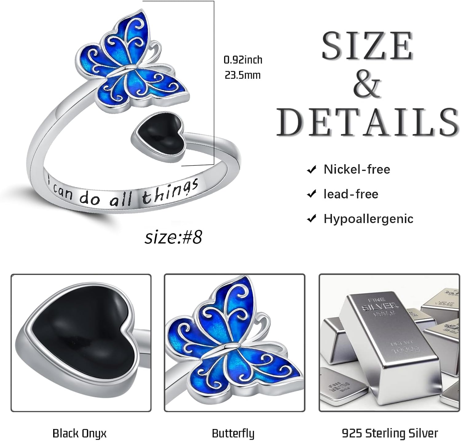 Butterfly Adjustable Ring 925 Sterling Silver Open Black Onyx Rings Enamel Filigree Butterfly Jewelry Gifts for Women Girlfriends Birthday