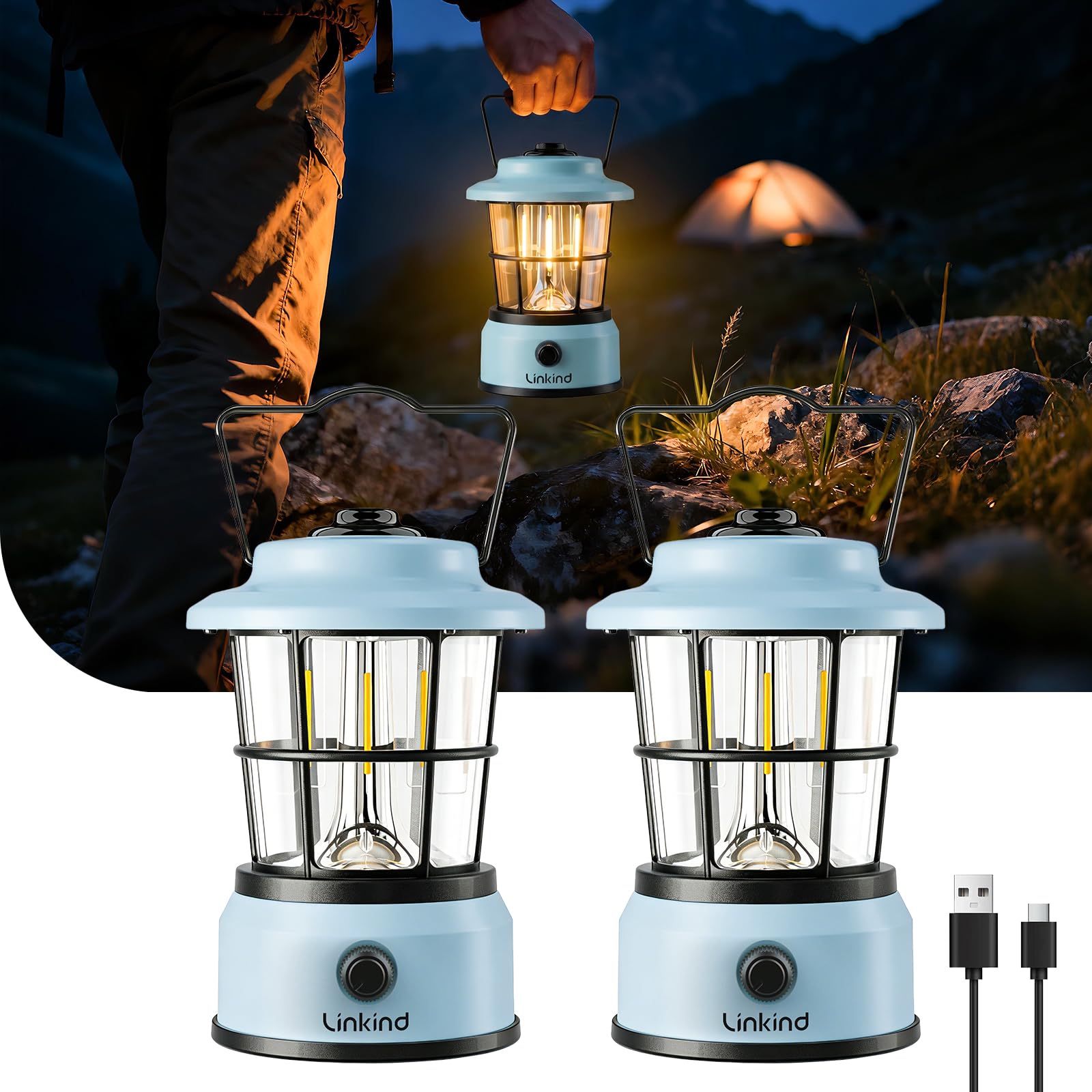 Linkind LED Campinglampe USB C Wiederaufladbare Camping Laterne Kalt&Warm 2-Farbe Zeltlampe Eingebaute 3600mAh Akku Notfallleuchte für Camp, Wandern, Stromausfall, Notfall 2 Stück