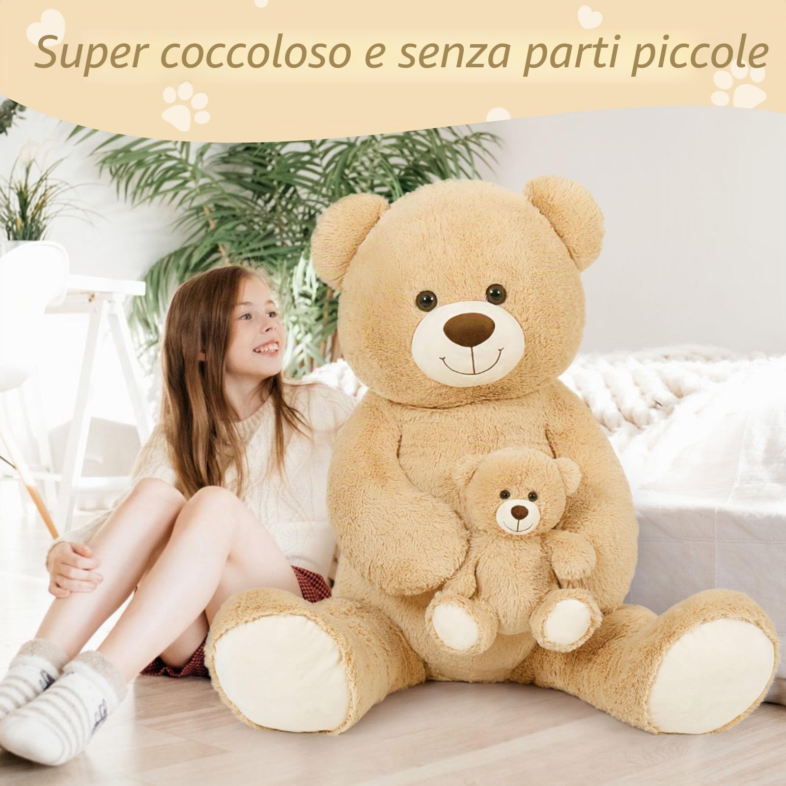 MorisMos 130cm Orso Peluche Gigante, XXL Marrone Chiaro Orsacchiotto Peluche con Bambino, Orsetto Pupazzo Grande Teddy Bear Regalo per Bambino Lei Lui Fidanzata Compleanno Decorazioni