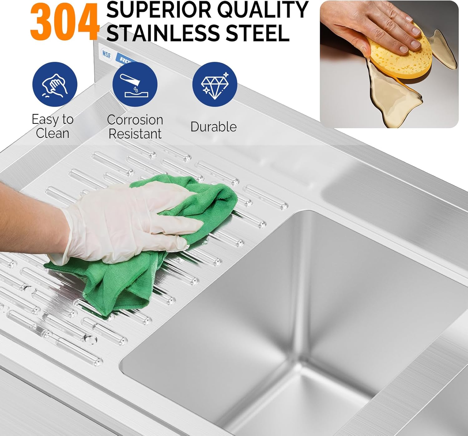 ROVSUN NSF Commercial Under bar Sink, 3 Compartment 304 Stainless Steel Bar Sink with Double Drainboard, Prep Freestanding Large Sink for Restaurant, Garage 60"L x 18.4"W x 33"H