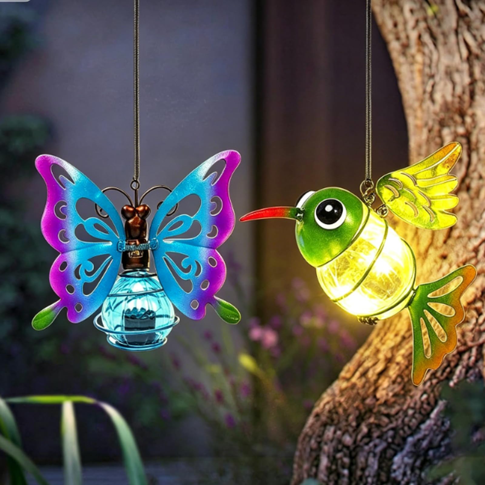 2Pcs Hanging Solar Butterfly & Hummingbird Lights, Outdoor Garden Decor with Metal Art, Solar Powered Yard Decoration for Patio Porch Backyard Fence, Waterproof Hanging Lantern Gifts for Women Mom