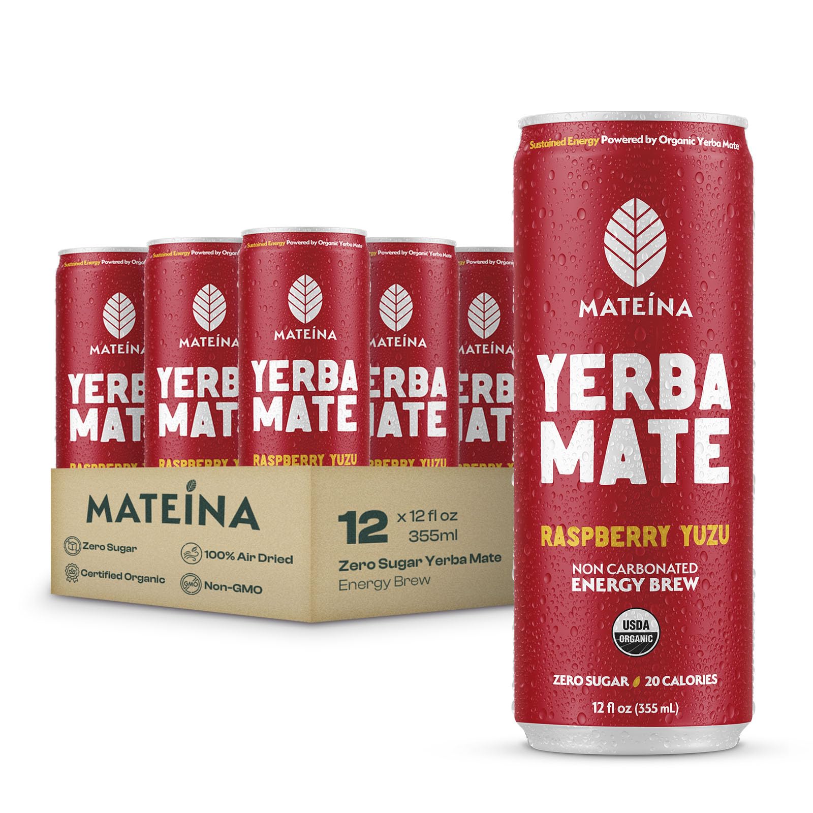 Mateina Yerba Mate Zero Sugar Energy Drink – 120mg Natural Caffeine – Organic, Non-GMO, Non-Carbonated – Dr. Andrew Huberman Recommended – 12 Pack (