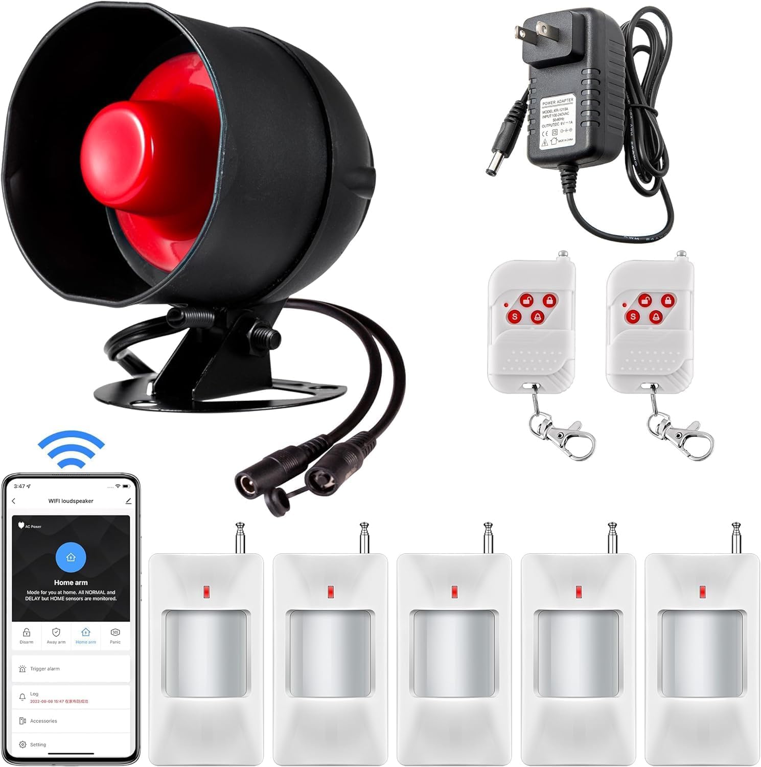 WiFi Alarmanlage, 120 dB Funkalarmsystem für die Haussicherheit mit kostenloser 5*Bewegungsmelder-Sirene und Fernbedienung für Schuppen und Garage