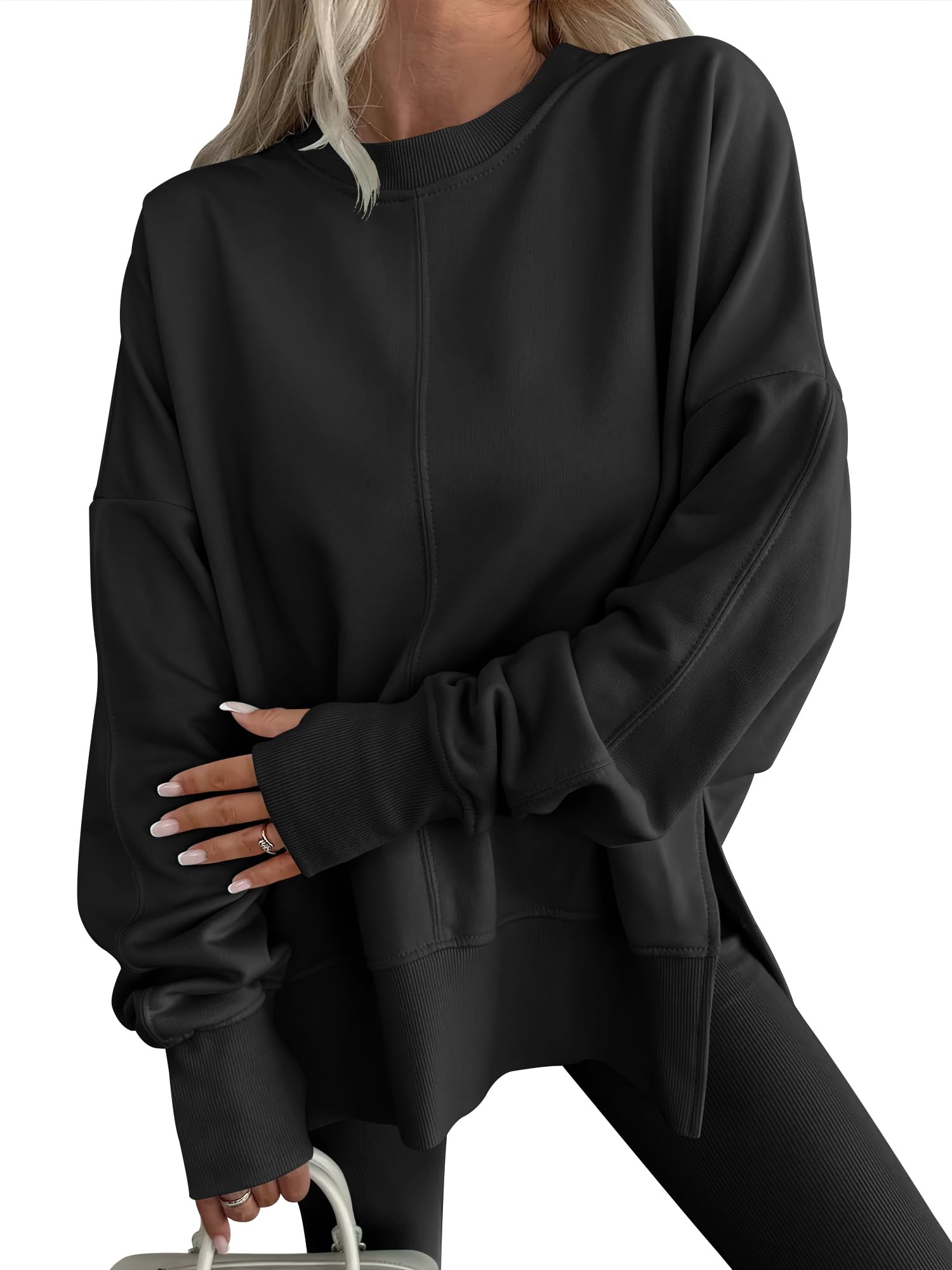 ANRABESS Women Oversized Sweatshirts Thumbhole Long Sleeve Hoodies Shirts 2026 Fall Side Slit Pullover Top Teen Y2k Outfits Black Medium