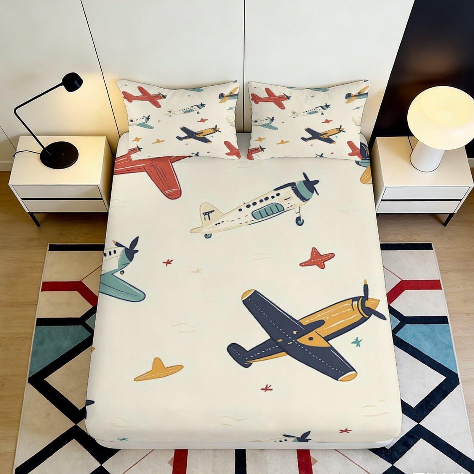 Tjiqhvmrn Style-3 3D Printed Airplane Pattern Fitted Sheet Microfiber Deep Pocket Non-Slip Adult Teen Bedroom Bedding Airplane Mattress Fitted Cover 90X200x25cm