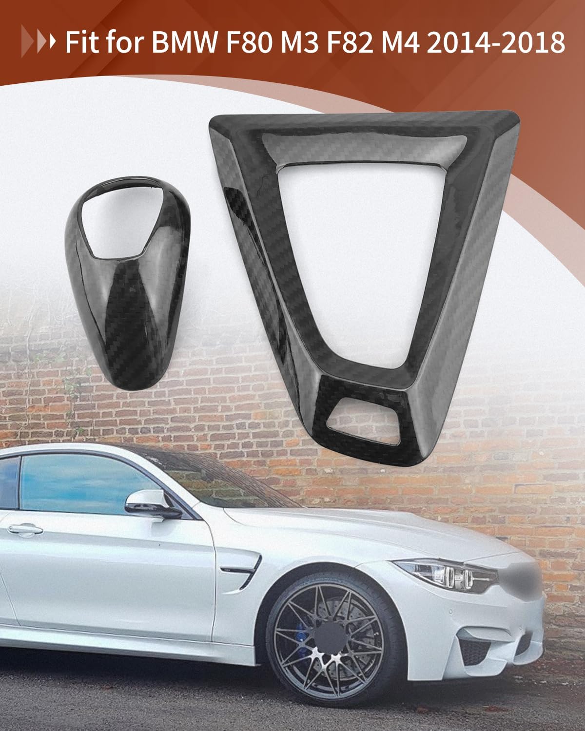Carbon Fiber Gear Shift Knob Cover Trim Kit Fit for BMW F80 M3 2015-2020 F82 M4 2015-2018 F83 M4 2015-2018 2020, Gear Handle Bottom Frame and Cover, Black