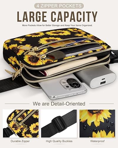 Miniatura 3 de Capolo Riñoneras para mujer con correa ajustable y 4 bolsillos con cremallera, impermeable, para entrenamiento, correr, viajar, Girasol, Riñonera