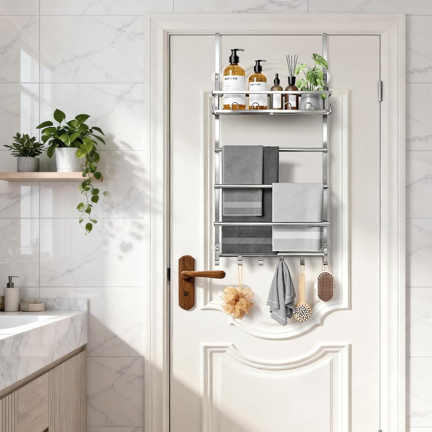 Aetyord Towel Racks for Bathroom Over The Door Towel Rack Towel Storage with Metal Shelf Basket and Hooks Silver