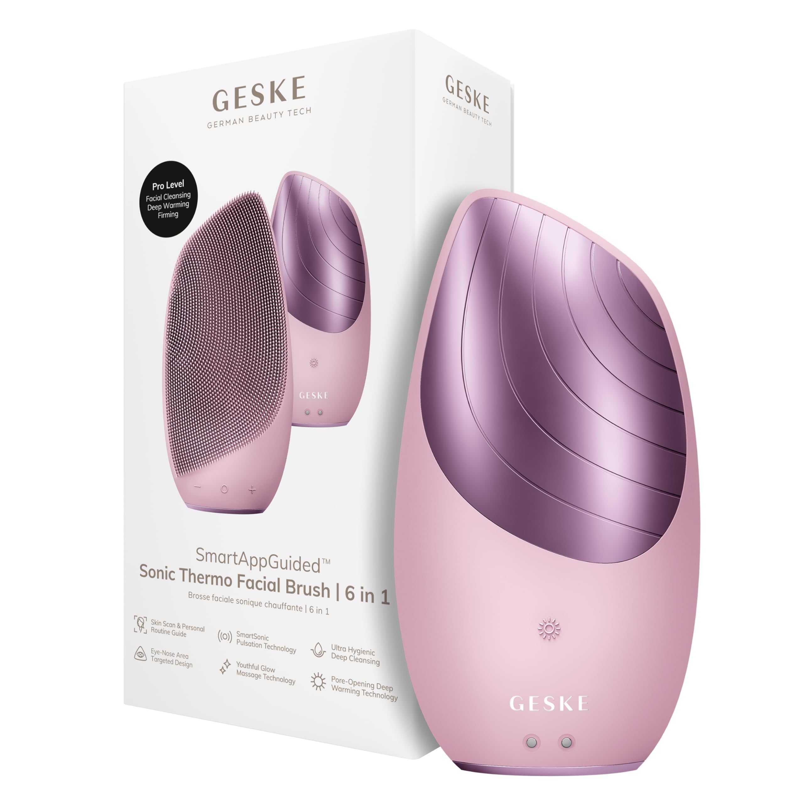 GESKE | Termiczna szczoteczka do twarzy SmartAppGuided™ | 6 w 1 | oczyszczanie skóry | Szczotka do czyszczenia z funkcją grzania | Masażer do twarzy | Elektryczna szczoteczka do twarzy