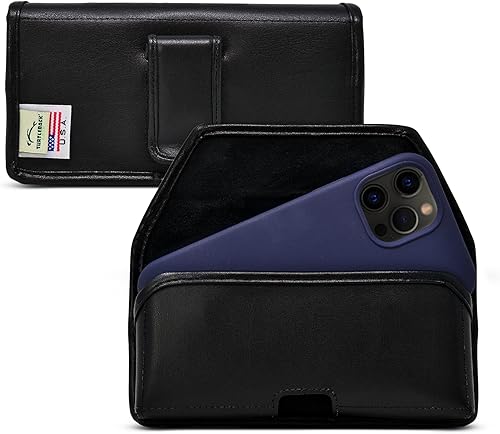 Turtleback Funda de cuero de alta calidad para iPhone 16 Pro, 16e, 15 Pro 14 Pro 13 Pro, pequeña soporte para cinturón de teléfono negro para fundas