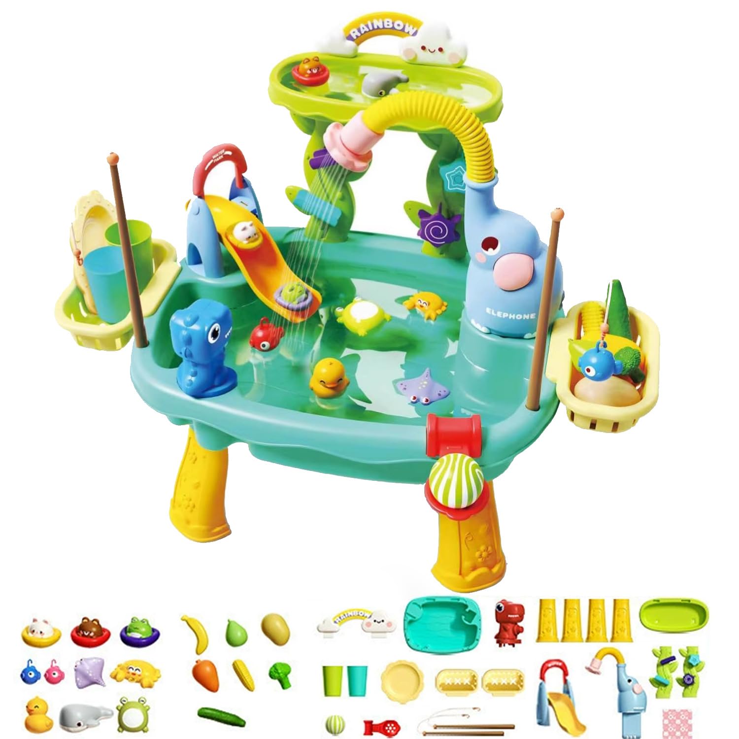2026 Upgraded Water Table for Toddlers, 2 Layer Water Table with Elephant Shower Head, Kids Water Play Table with Slide Play Food Accessories Fishing Toy, Kitchen Play Sink Toys for Girl Boy (Green)