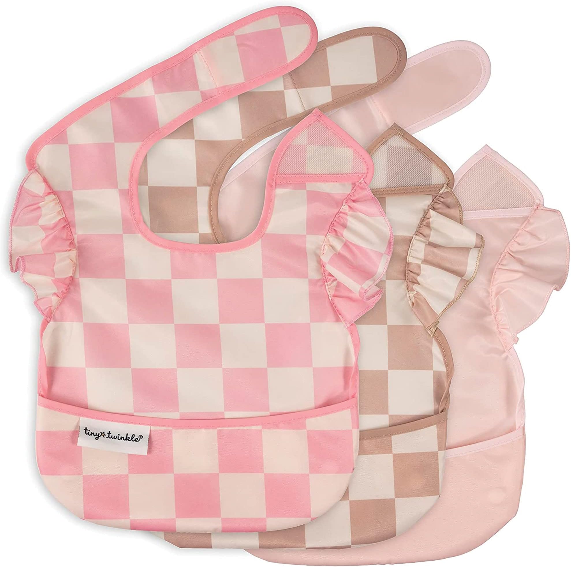 Tiny Twinkle Mess-Proof Baby Bibs for Eating | Waterproof, Wipeable Toddler Bibs with Catch-All Pocket | Feeding Bibs for Girls & Boys(3 Pack,Checkers Girl)