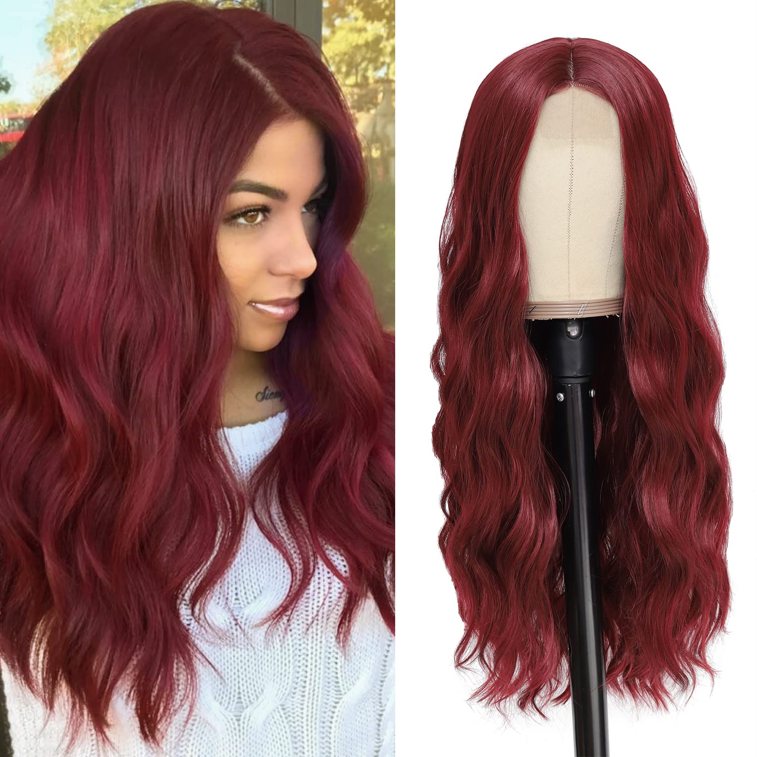 JSDshine Long Burgundy Wavy Wigs for Women Wine Red Middle Part Wig 26 inch Natural Looking Synthetic Wig Heat Resistant Fiber Wigs for Daily Party Use