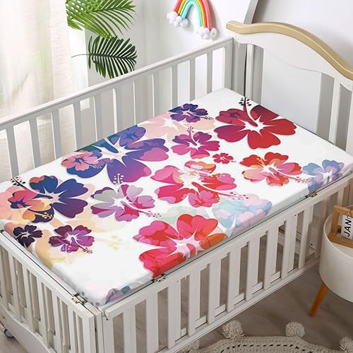 Miniatura 2 de Sábana bajera ajustable con temática hawaiana, suave y elástica, para cuna de bebé para niña o niño, rosa y naranja, 28 x 52 pulgadas