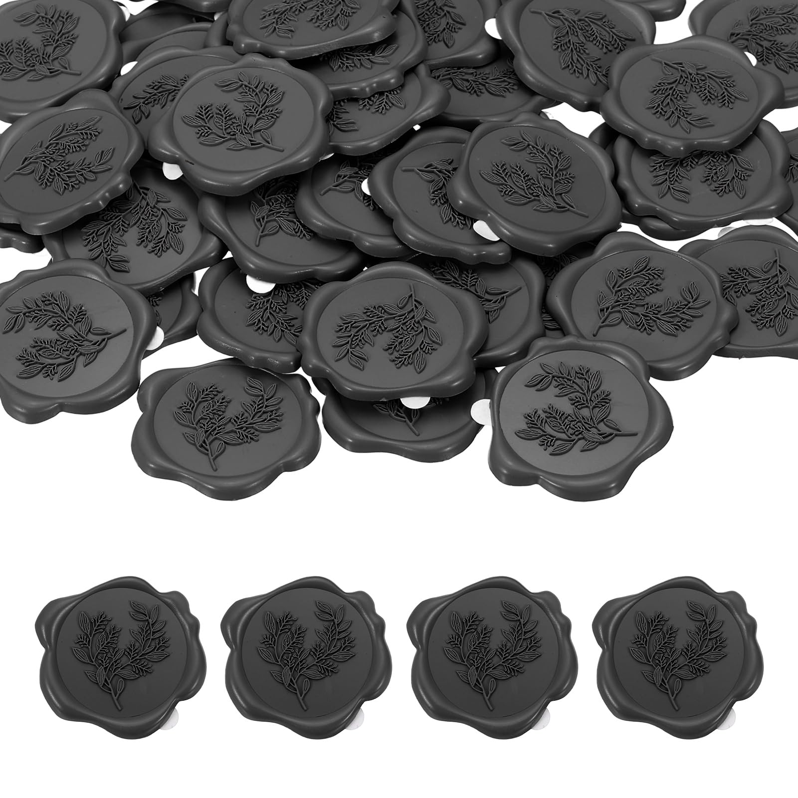 PATIKIL 50Pcs Eucalyptus Leaf Wax Seal Stickers, Plant Embossed Self Adhesive Backed Envelopes Seal Sticker Accessories for Wedding Invitation Letter Birthday Party Gift, Black