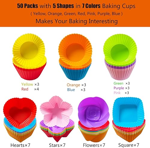 Miniatura 2 de DERGUAM - 50 forros de silicona para magdalenas, moldes reutilizables antiadherentes fáciles de limpiar para cupcakes, redondos, cuadrados,