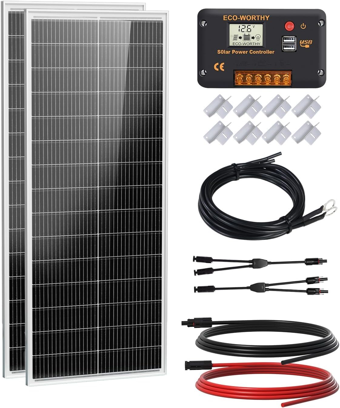 ECO-WORTHY Kit Panneau Solaire 200W (2x100W) 12V 18BB Type N, Rendement 25% avec Régulateur de Charge 30 A, Convient pour Camping-cars, Bateaux et Systèmes Solaires.