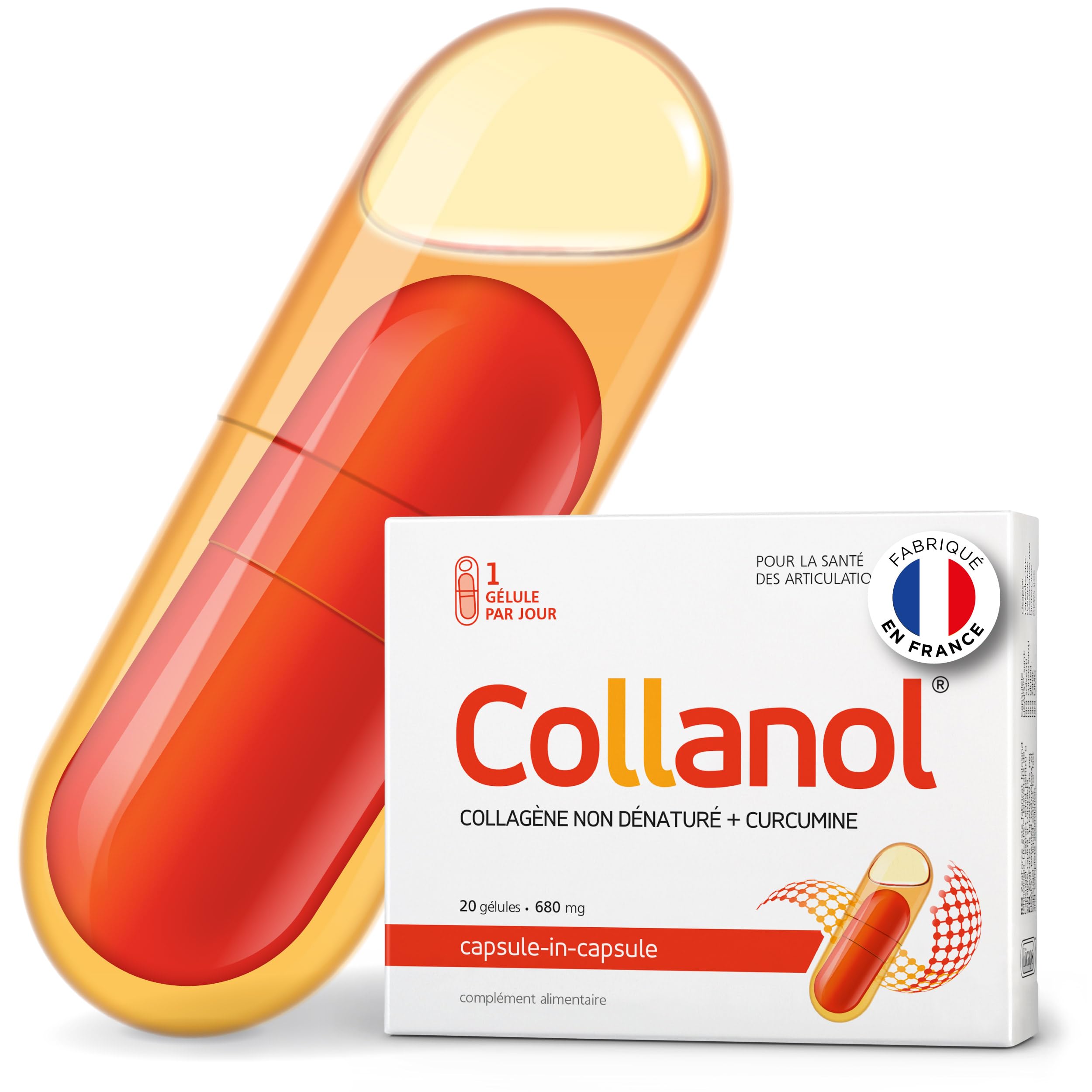 Collanol – innovation dans le soin des articulations saines. Formule liquide dans une double gélule, Collagène 3D + extrait micellaire de racines de curcuma. 1 capsule/​jour.​(20 Prises)