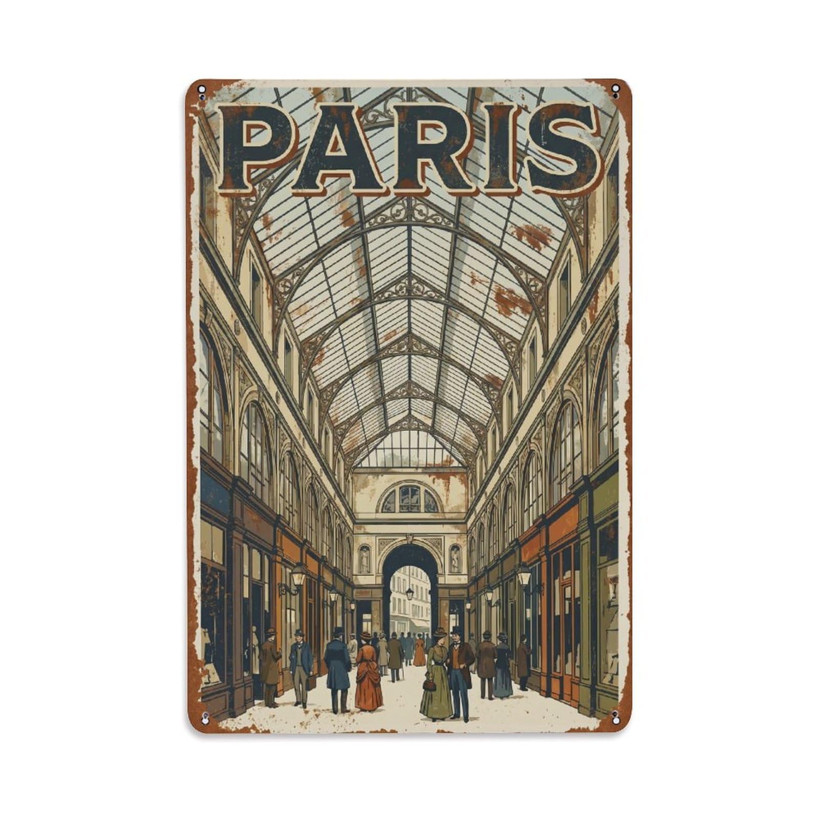 Vintage Travel Paris Passage Du Grand-Cerf Arcade Rusted France Metal Tin Sign Plaque Wall Decor for Cafe, Club Bar, Office, Home Garden Metal Poster 8x12Inch