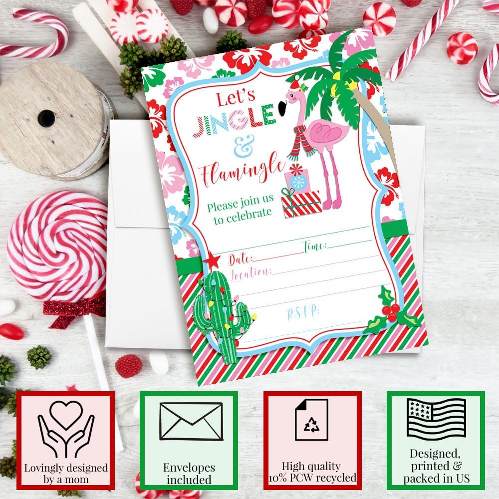Amanda Creation Christmas Invitations with Envelopes – Winter Tropical Flamingo, 20 Pack 5x7 Double Sided Fill-In Invite Cards with Twenty White Envelopes Perfect for Christmas Parties
