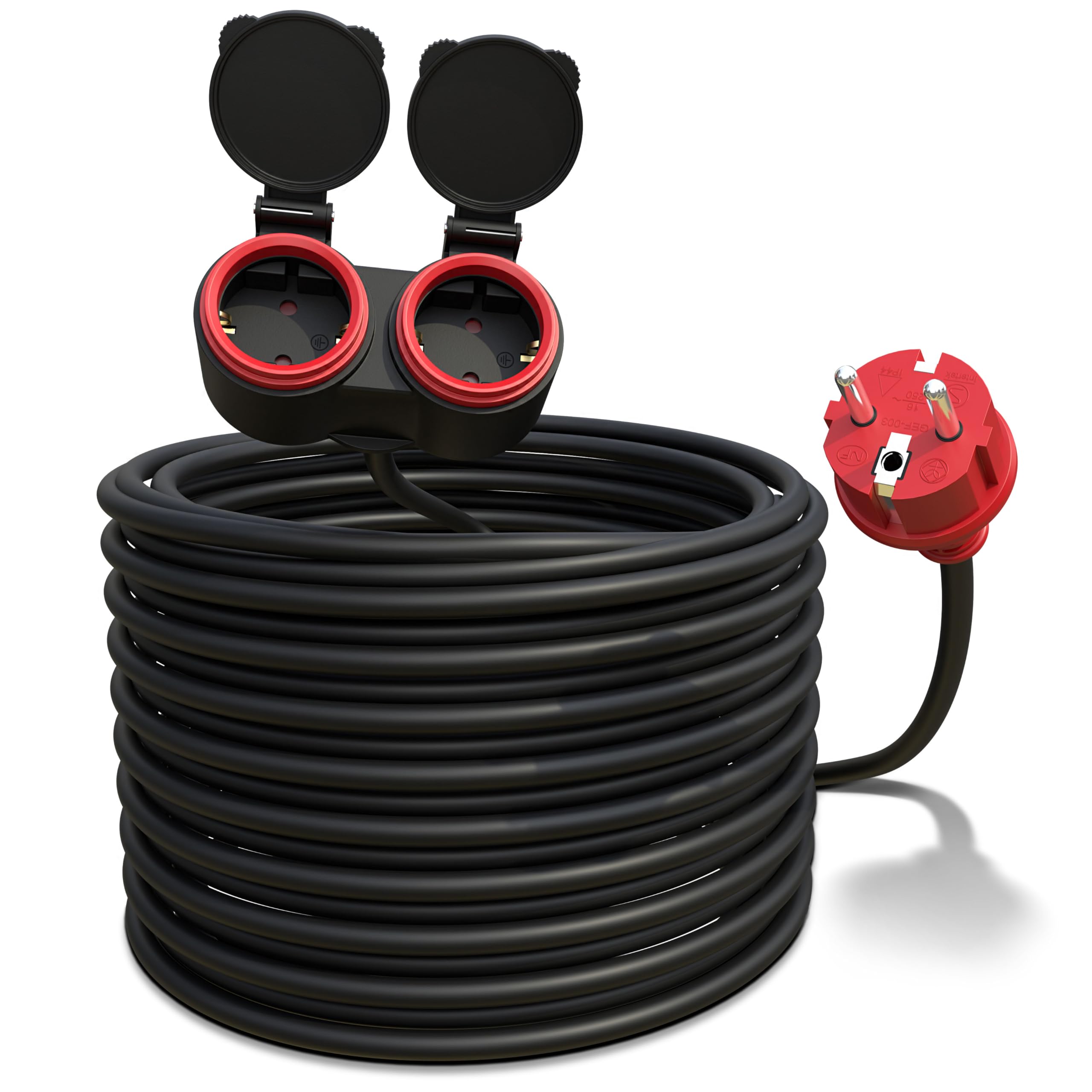 Poppstar Prolunga per esterno 20 m (2 prese Schuko, IP44, 16A/3680W, H05RR-F 3G1.5), nero/rosso