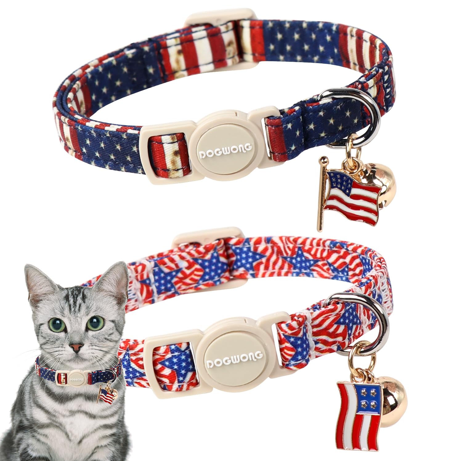 2 Pack American Flag Cat Collars Breakaway with Bell, DOGWONG Safety Buckle 4th of July Patriotic Cute Cat Collar for Girl Boy Cats，Adjustable 7-12