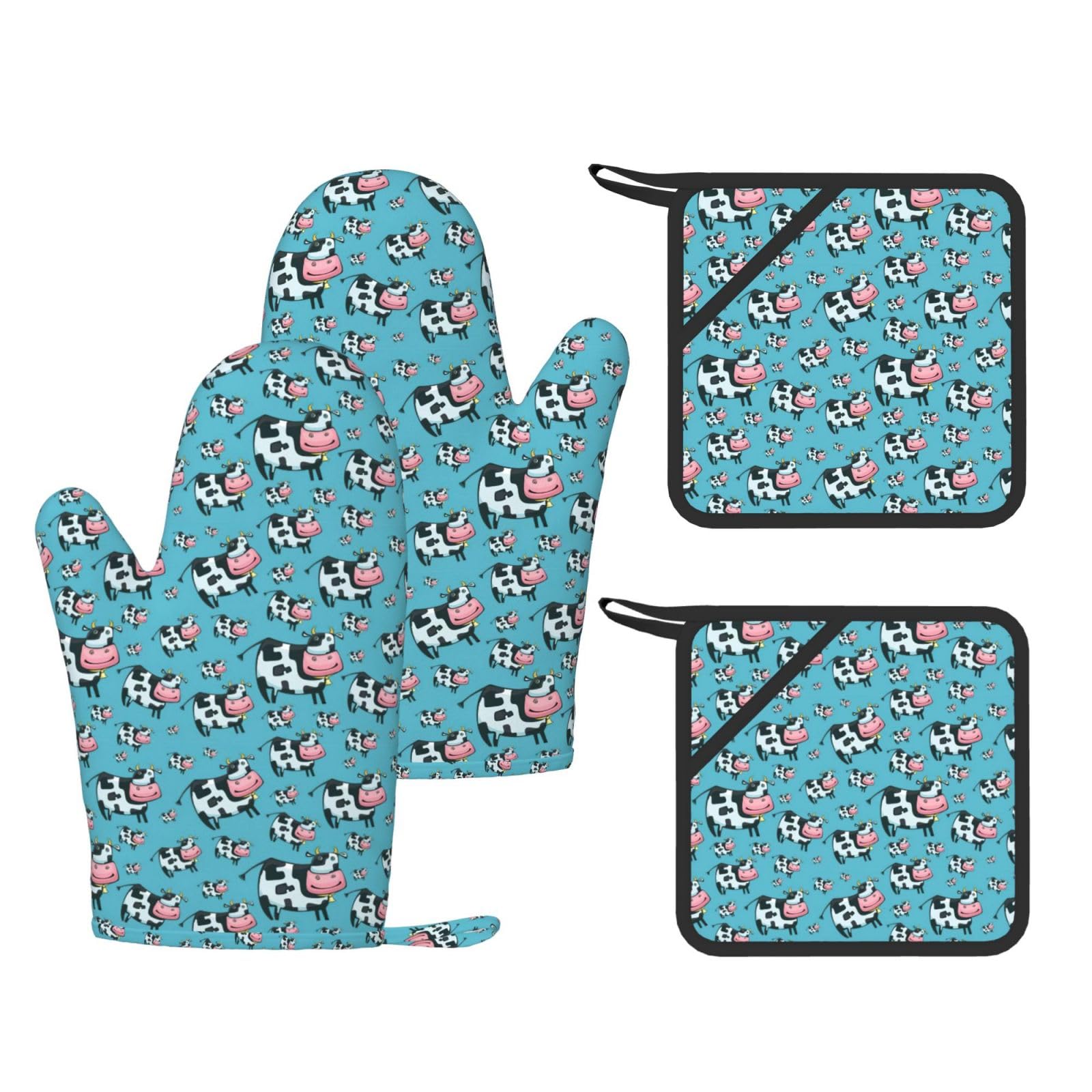 Eeprty Black Cow Printed Kitchen Oven Gloves And Potholder 4 Pcs, Non-Slip Heat Resistant Mitts For Baking Chef