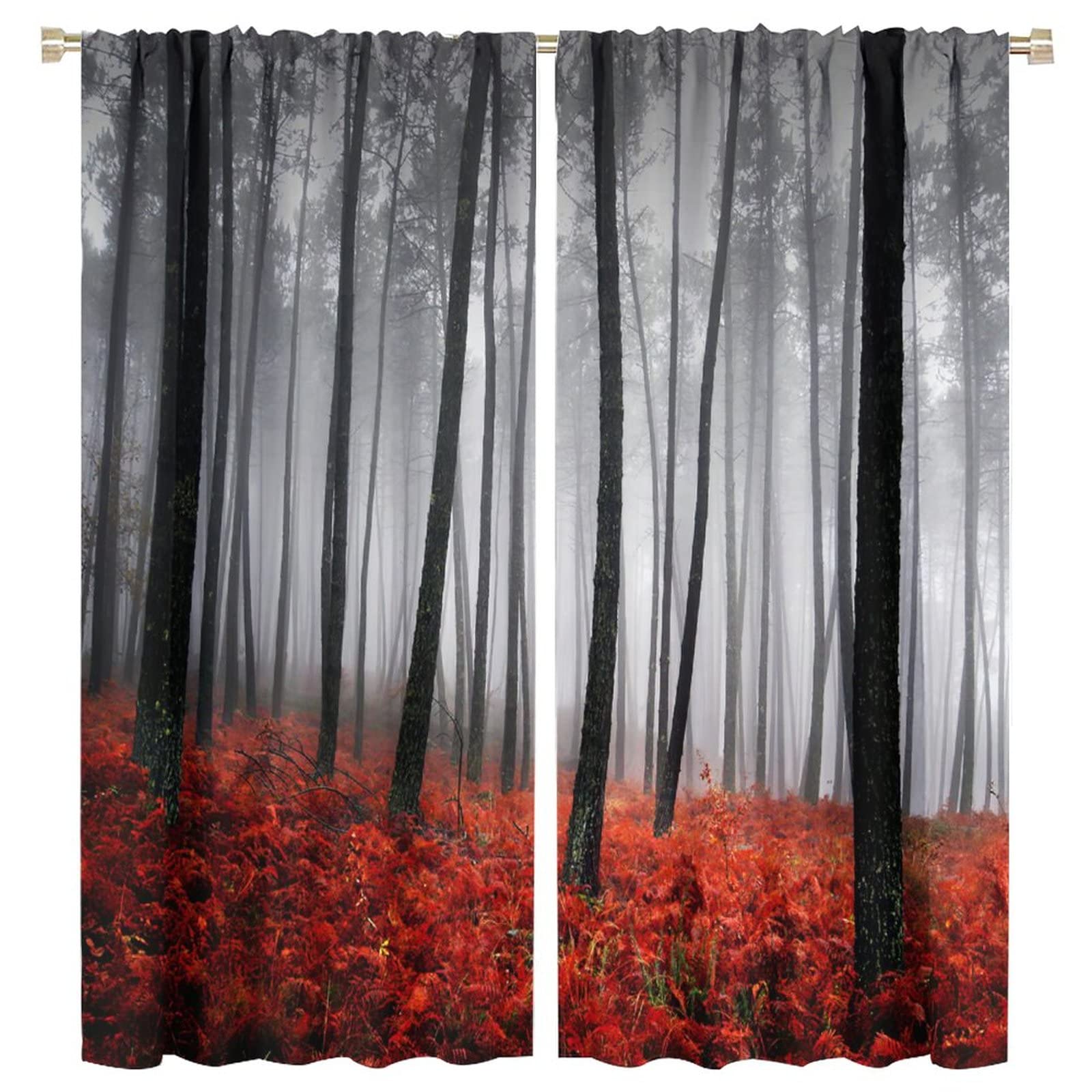 JESTRONRY Forest Window Curtain,Red Fantasy Misty Forest Trees Jungle Bushes Blackout Rod Pocket Window Drapes 2 Panel Set for Living Room Bedroom Kitchen Bathroom Decor W63xL72in