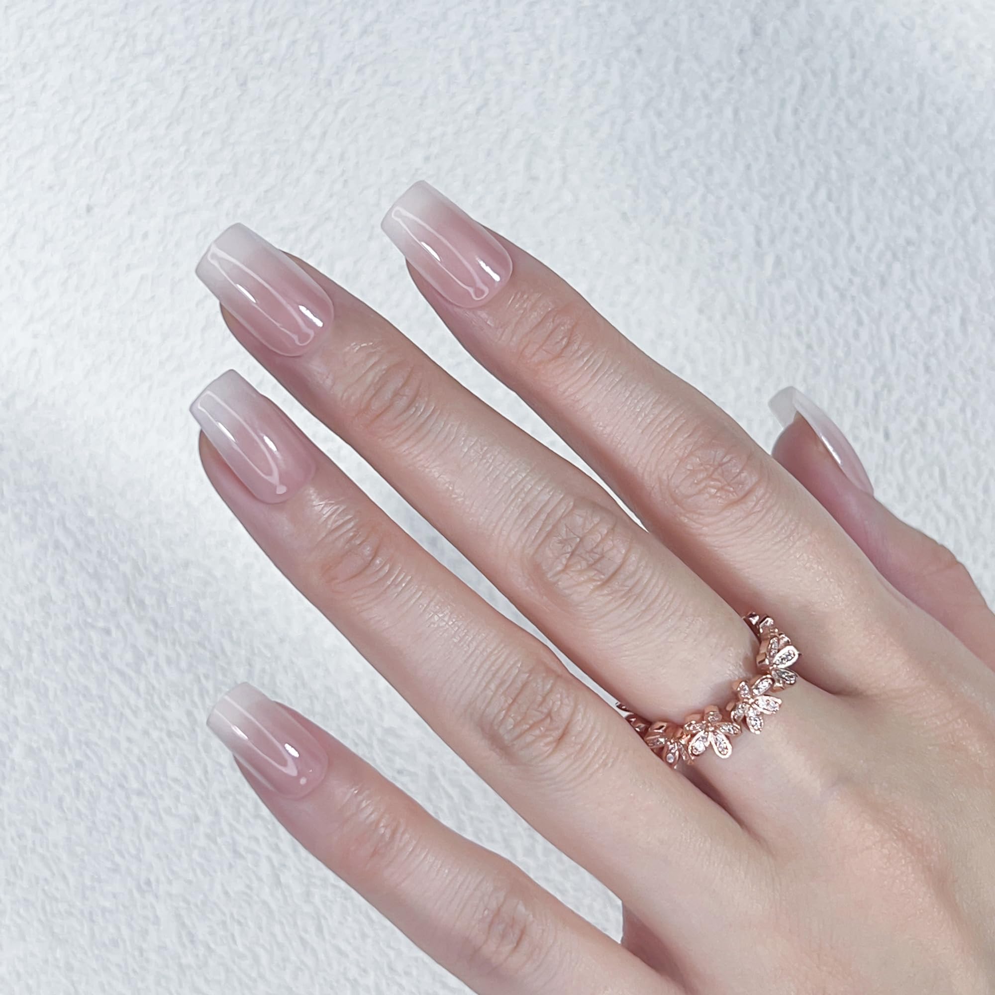 LADYING24 Pcs Handmade Gel False Nails Short,Square Soft Gel Press on Nails French Pattern,Gradient White Fake Nails Short,Solid Squoval Stick on Nails for Women and Teens Nails Art