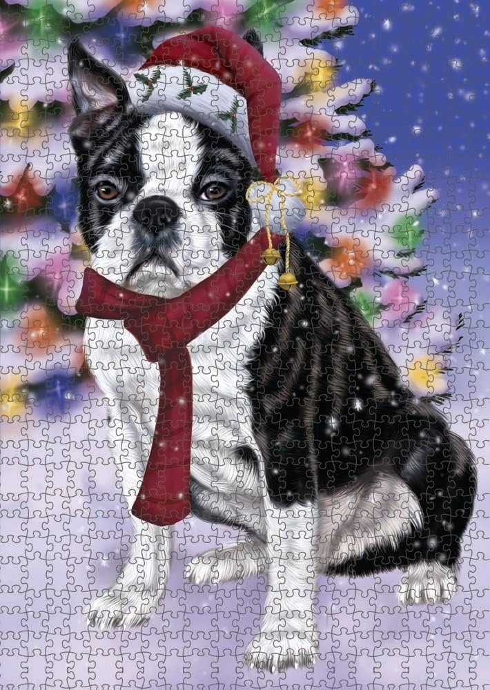 Christmas Winterland Wonderland Boston Terrier Dog Jigsaw Puzzle for Adults - Animal Printed Interlocking Puzzle Game Artwork - Gift for Dog Lover's -1000 Pcs 29.5"x19.7", PZLE54688