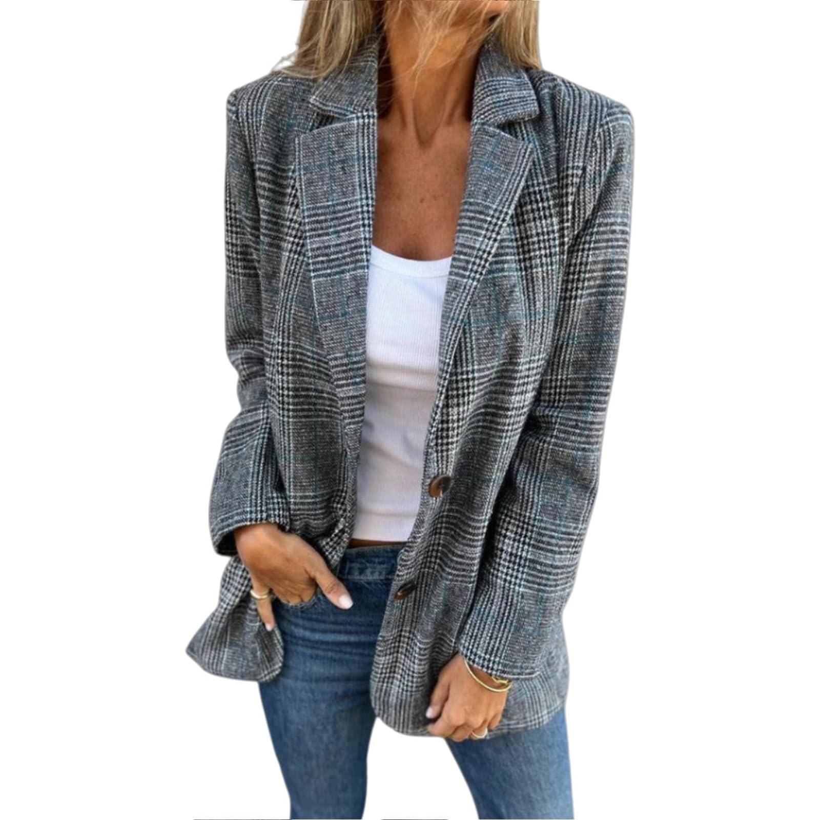 Plaid Blazer for Women Oversized Lapel Button Down Suit Jackets Business Color Block Open Front Long Sleeve Blazers