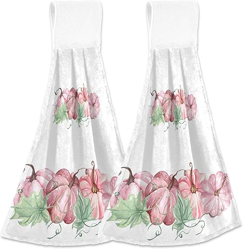 Toallas de cocina con diseño de calabaza rosa con bucles para colgar, paquete de 2, toallas de mano con temática de otoño para baño, absorbentes de