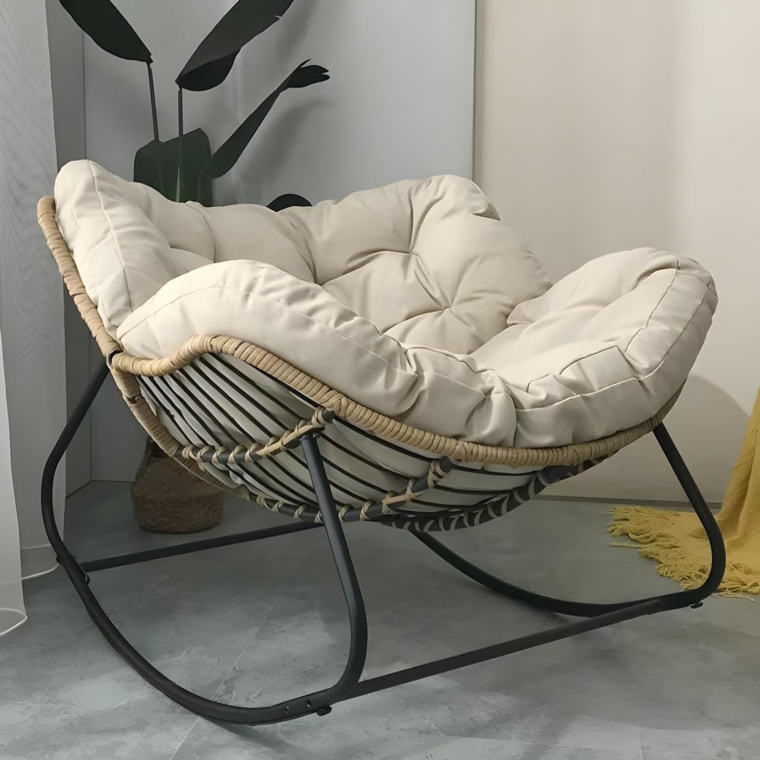 Indoor and Outdoor Rocking Egg Chairs with Padded Cushion, Large Papasan Rocking Chair, Comfy Recliner for Front Porch, Garden, Backyard, 、Bedroom (Beige)