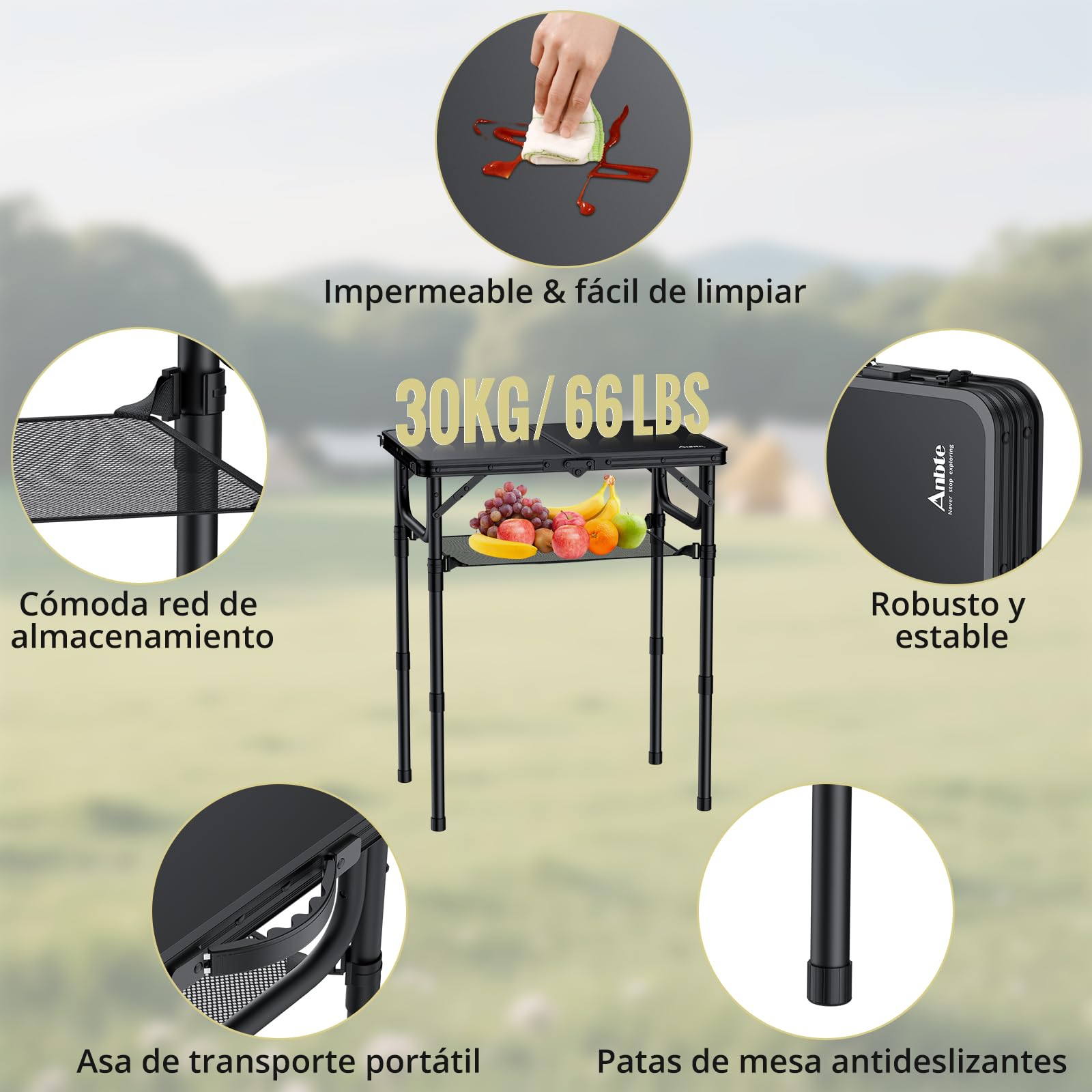 Anbte Mesa Plegable Camping 59x40x26/48/70cm Ajustable Altura Mesas de Acampada Portátil Mesa Playa Aluminio Impermeable Negro para Terraza Playa Exterior BBQ