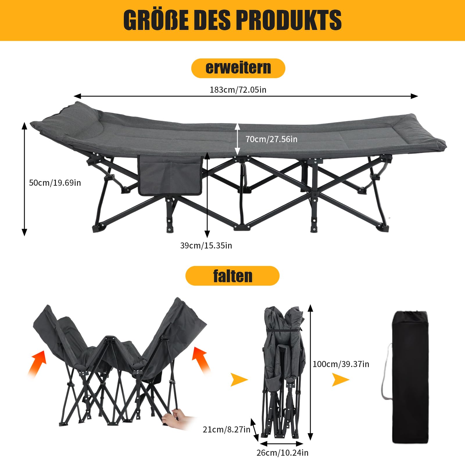 Campingbett klappbar mit Matratze Kopfkissen bis 200 kg für Outdoor Garten Angeln