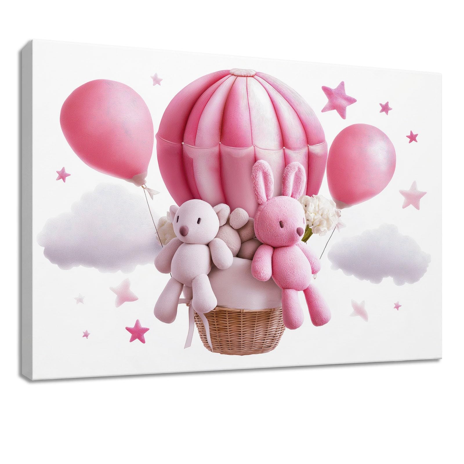 Leinwandbild 90 x 60 cm Wandbild Cartoon - Bild auf Leinwand mit Rosa Heißluftballon Teddybär Stern, Wanddeko für Wohnzimmer, Schlafzimmer, Büro Deko Zimmer