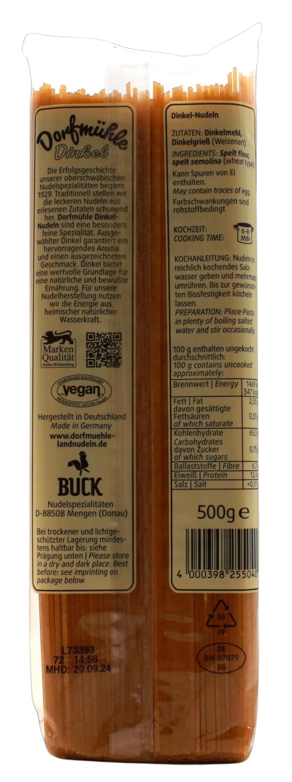 Dorfmühle Oberschwäbische Land-Nudeln Dinkel-Spaghetti vegan, 20er Pack (20 x 500g)