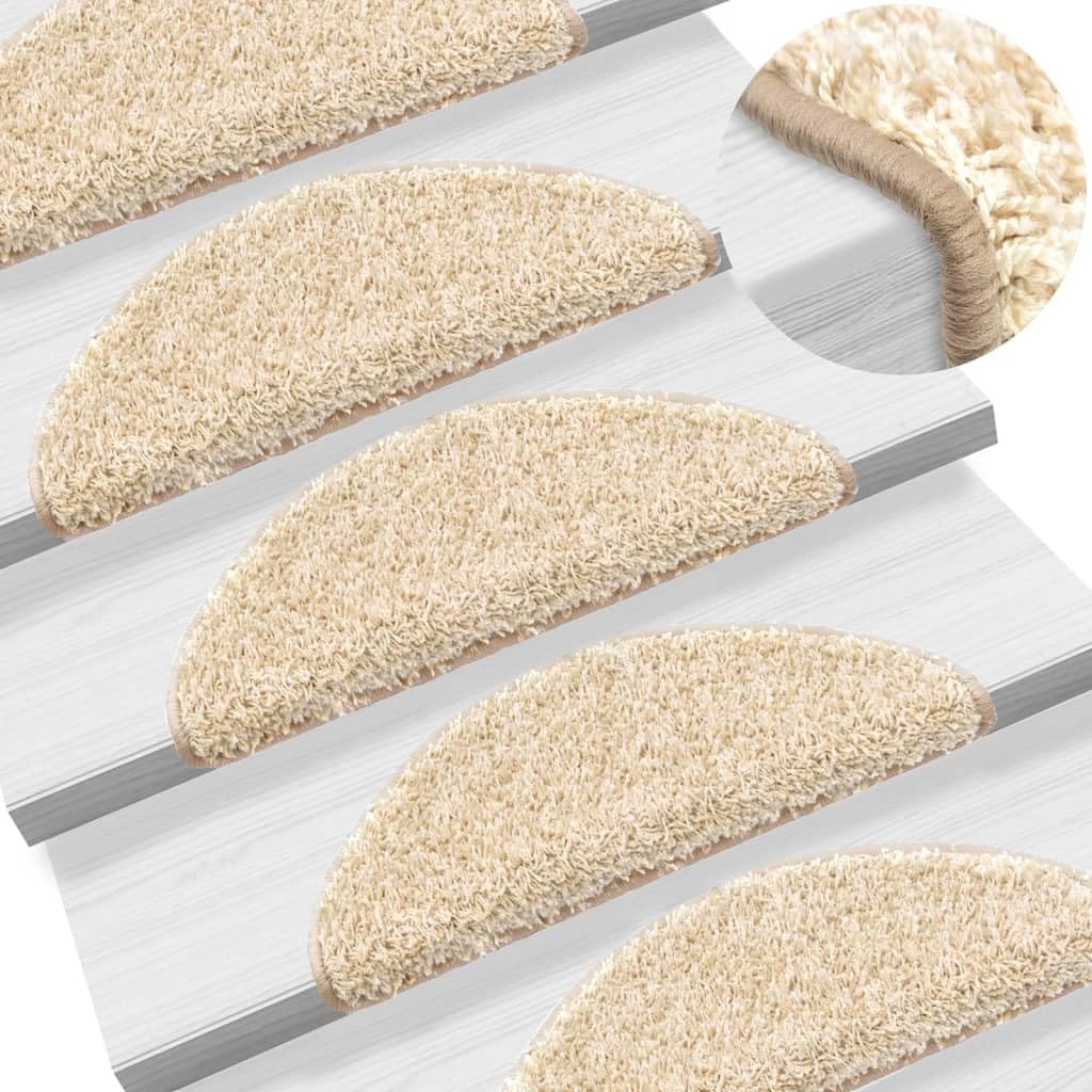 Stufenmatten 15 Stück 56x17x3 cm Creme Halbrund Treppenstufen Matten, Teppich Innen für Treppen, rutschfest Stufenmatten Treppenteppich