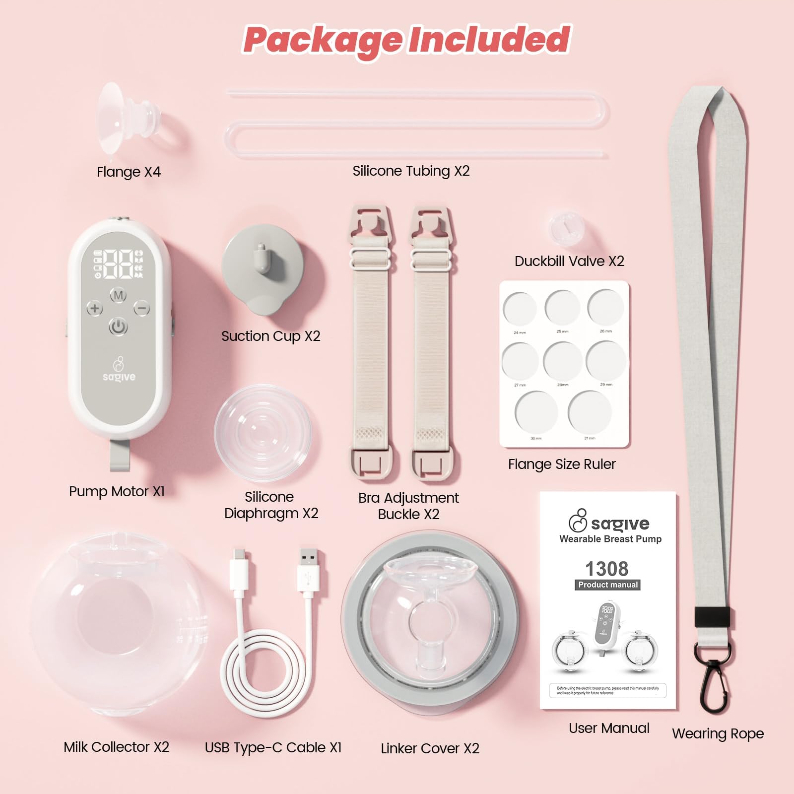 Tiralatte Elettrico Indossabile Senza Mani, 300mmHg Tira Latte Neonati Portatile con 4 Modalità 12 Livelli, 80g Breast Pump Electric Ricaricabile 21/24mm Flangia per Puericole Lavoro Viaggio
