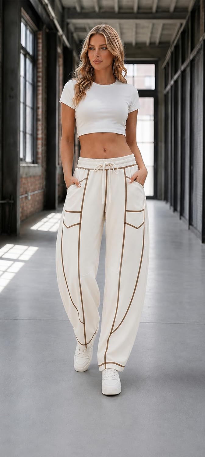Barrel Pants for Women Wide Leg Sweatpants Drawstring Baggy Lounge Pants with Pockets Striped Track Pants