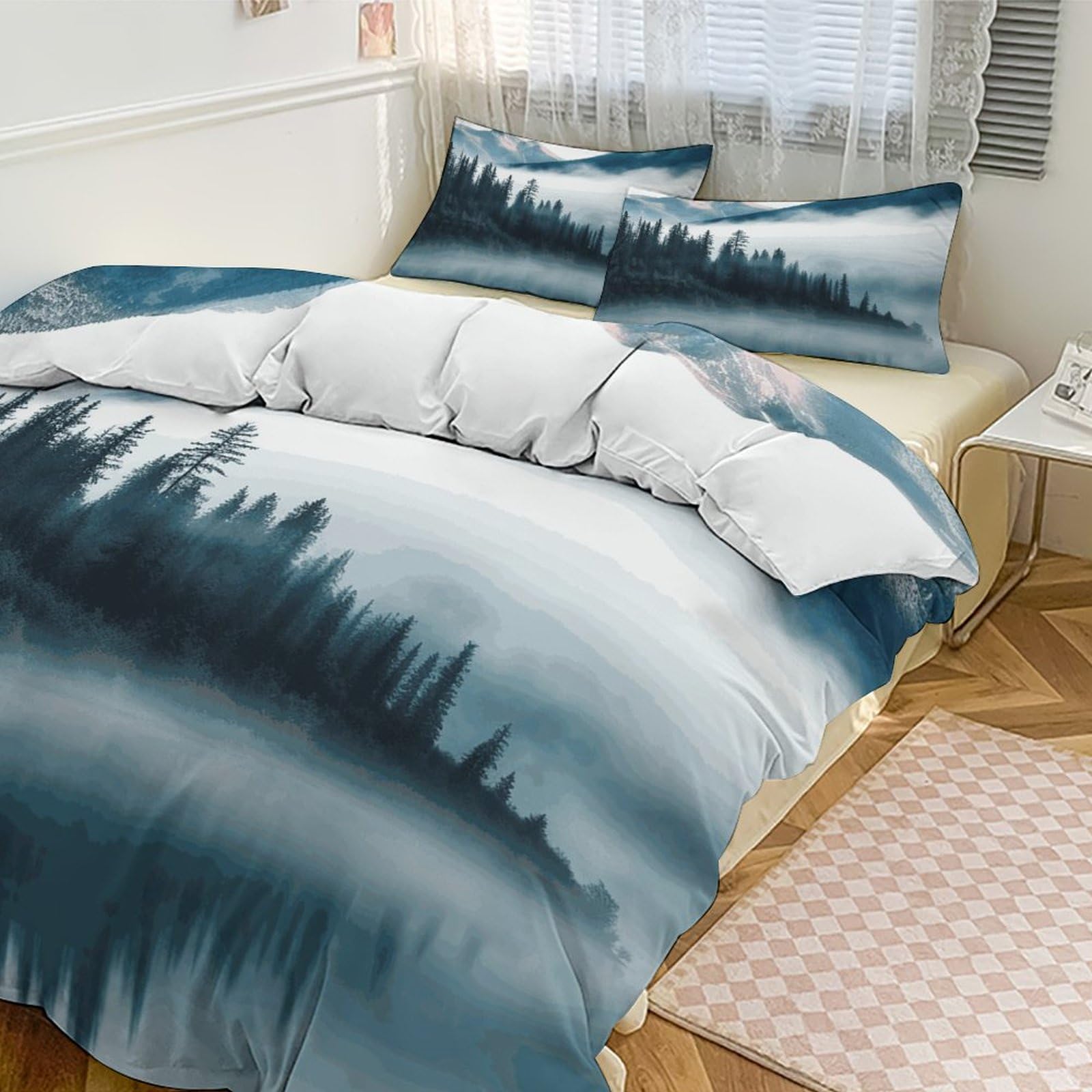 Couette grand lit motif montagne pour une ambiance chalet de vacances dans votre chambre à coucher